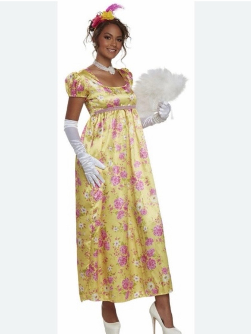 BridgertonYellow Floral Regency Theater Dress with Pink Accents size 10-12